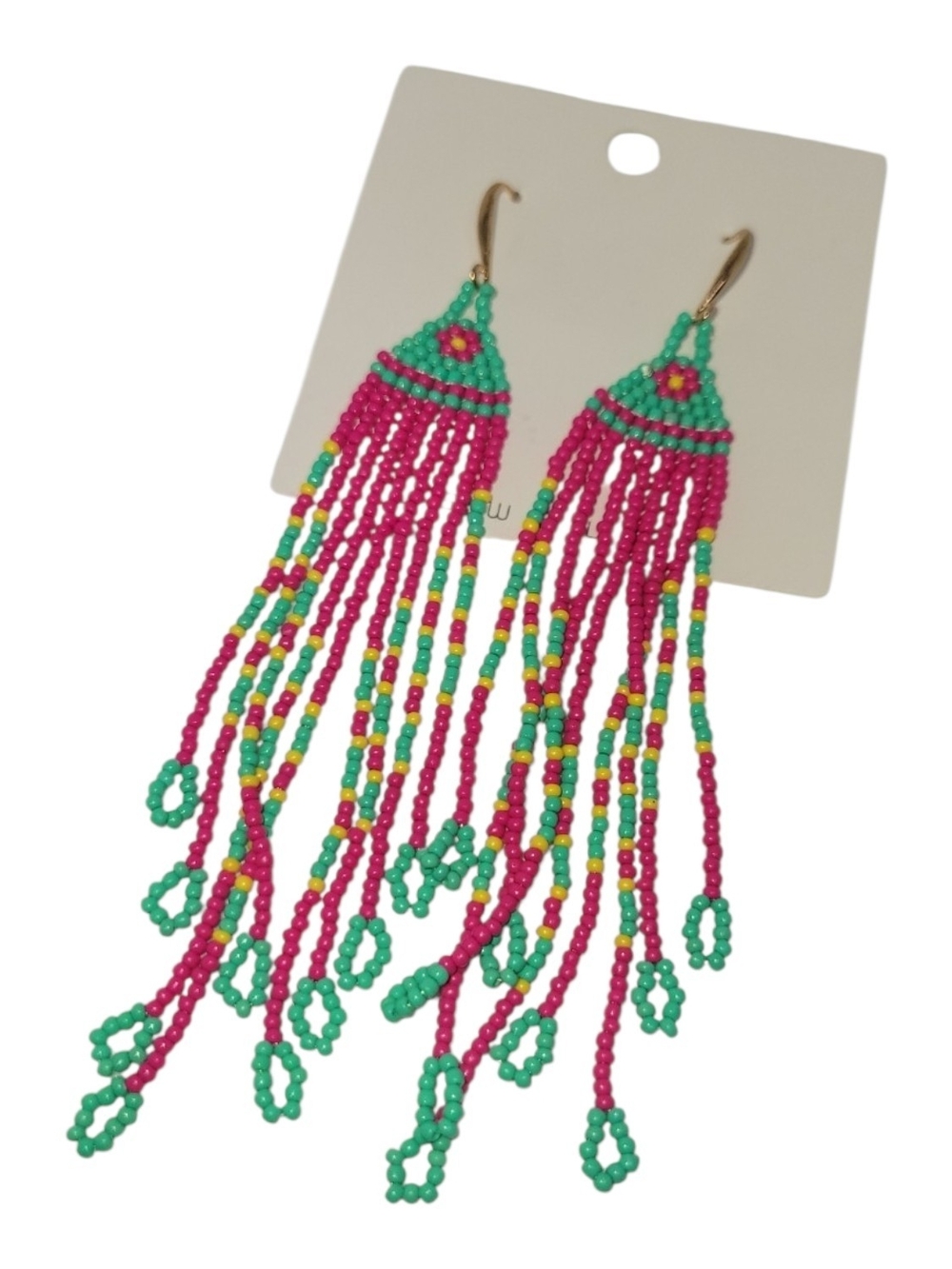 Handmade Pink & Teal Beaded Fringe Earrings